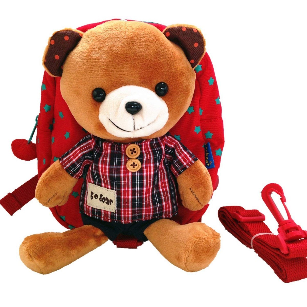 可愛い迷子防止赤ちゃんリュックサック クマ リュックぬいぐるみ付きリュック リード付き ハーネス付き/ベビー リード付きリュック 迷子防止ひも (レッド)